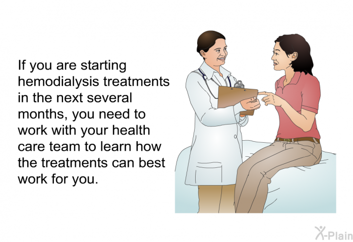 If you are starting hemodialysis treatments in the next several months, you need to work with your health care team to learn how the treatments can best work for you.