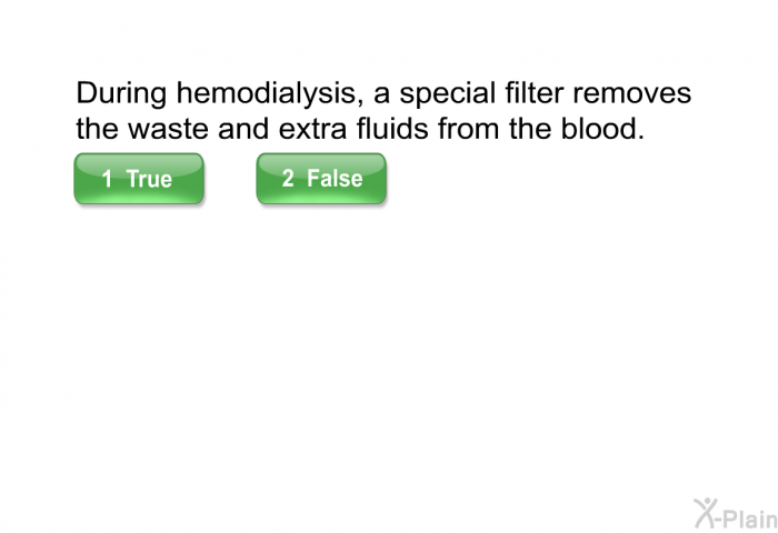 During hemodialysis, a special filter removes the waste and extra fluids from the blood.