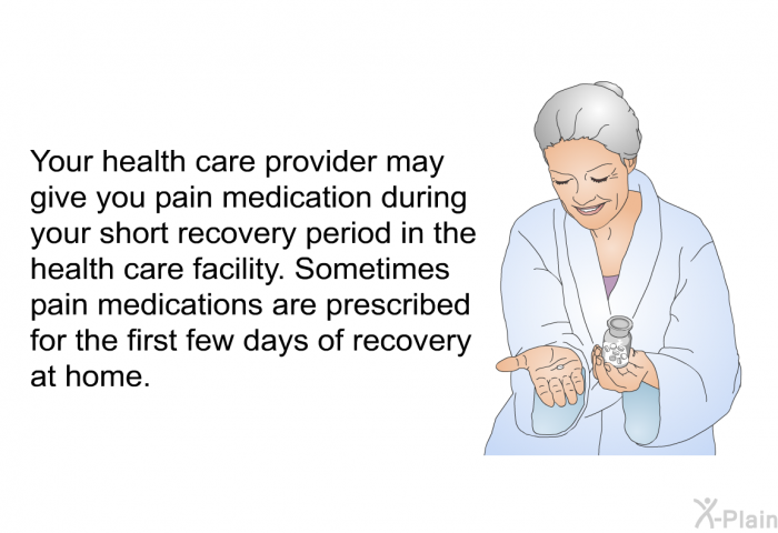 Your health care provider may give you pain medication during your short recovery period in the health care facility. Sometimes pain medications are prescribed for the first few days of recovery at home.