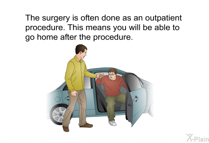 The surgery is often done as an outpatient procedure. This means you will be able to go home after the procedure.