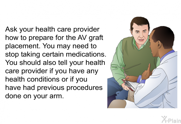 Ask your health care provider how to prepare for the AV graft placement. You may need to stop taking certain medications. You should also tell your health care provider if you have any health conditions or if you have had previous procedures done on your arm.