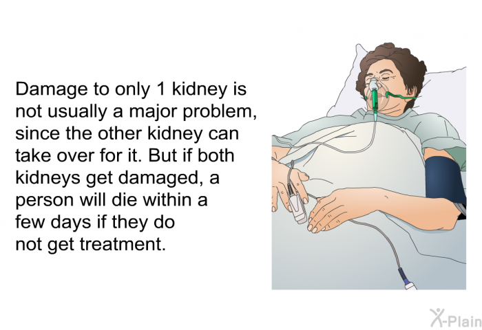 Damage to only 1 kidney is not usually a major problem, since the other kidney can take over for it. But if both kidneys get damaged, a person will die within a few days if they do not get treatment.