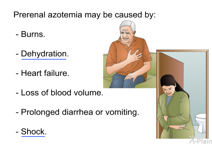 Prerenal azotemia may be caused by:  Burns. Dehydration. Heart failure. Loss of blood volume. Prolonged diarrhea or vomiting. Shock.