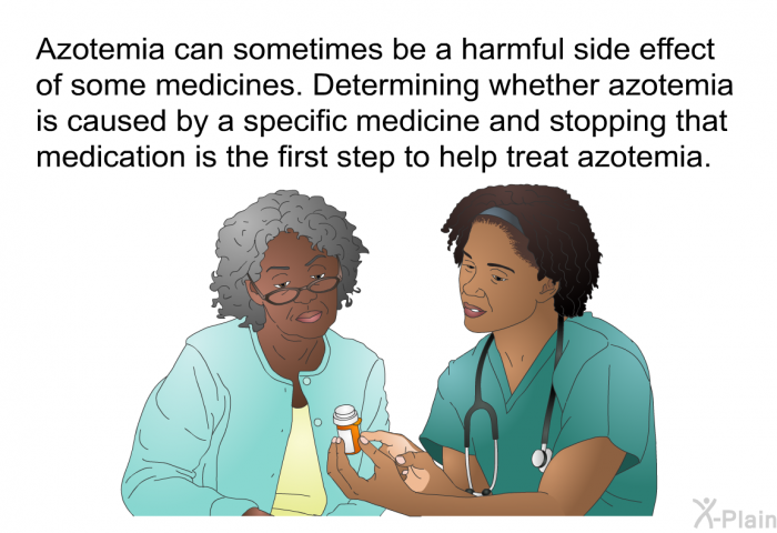 Azotemia can sometimes be a harmful side effect of some medicines. Determining whether azotemia is caused by a specific medicine and stopping that medication is the first step to help treat azotemia.