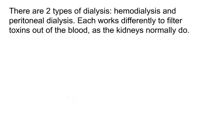 There are 2 types of dialysis: hemodialysis and peritoneal dialysis. Each works differently to filter toxins out of the blood, as the kidneys normally do.