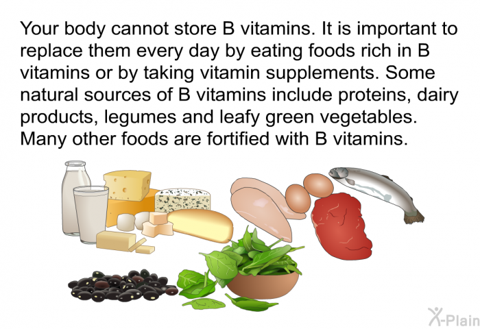 Your body cannot store B vitamins. It is important to replace them every day by eating foods rich in B vitamins or by taking vitamin supplements. Some natural sources of B vitamins include proteins, dairy products, legumes and leafy green vegetables. Many other foods are fortified with B vitamins.