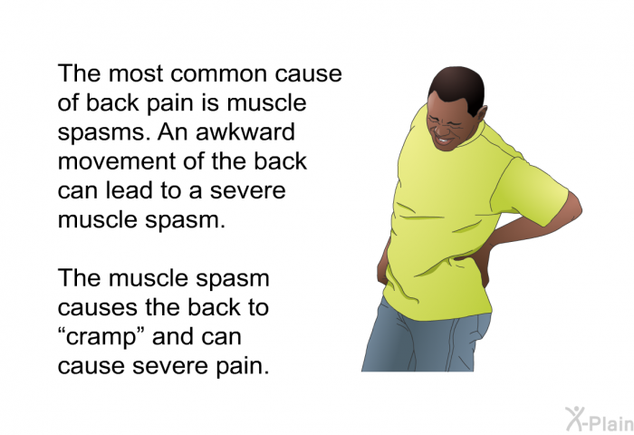 The most common cause of back pain is muscle spasms. An awkward movement of the back can lead to a severe muscle spasm. The muscle spasm causes the back to “cramp” and can cause severe pain.