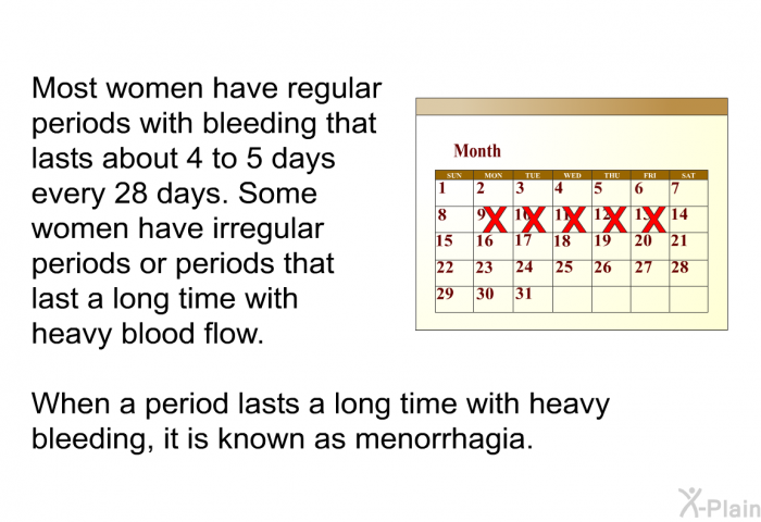 Most women have regular periods with bleeding that lasts about 4 to 5 days every 28 days. Some women have irregular periods or periods that last a long time with heavy blood flow. When a period lasts a long time with heavy bleeding, it is known as menorrhagia.