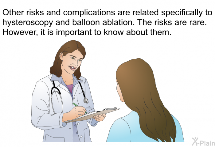 Other risks and complications are related specifically to hysteroscopy and balloon ablation. The risks are rare. However, it is important to know about them.