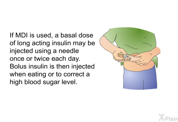 If MDI is used, a basal dose of long acting insulin may be injected using a needle once or twice each day. Bolus insulin is then injected when eating or to correct a high blood sugar level.