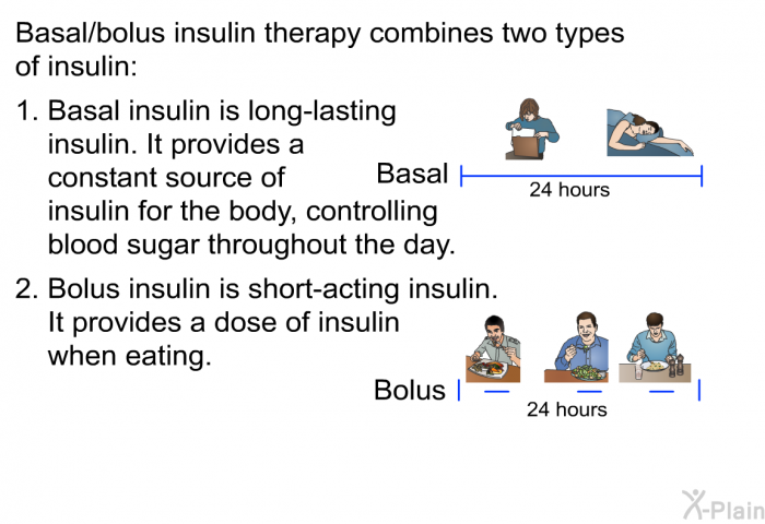 Basal/bolus insulin therapy combines two types of insulin:  Basal insulin is long-lasting insulin. It provides a constant source of insulin for the body, controlling blood sugar throughout the day. Bolus insulin is short-acting insulin. It provides a dose of insulin when eating.