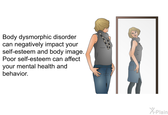 Body dysmorphic disorder can negatively impact your self-esteem and body image. Poor self-esteem can affect your mental health and behavior.