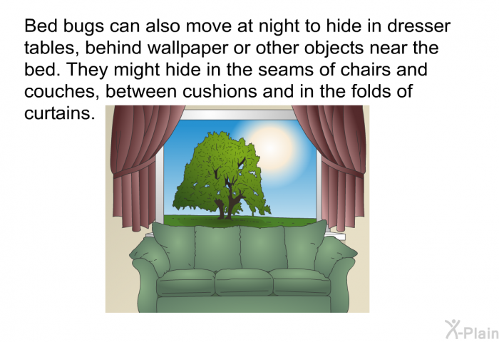 Bed bugs can also move at night to hide in dresser tables, behind wallpaper or other objects near the bed. They might hide in the seams of chairs and couches, between cushions and in the folds of curtains.