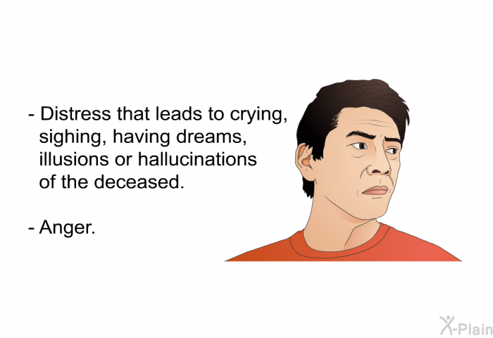 Distress that leads to crying, sighing, having dreams, illusions or hallucinations of the deceased. Anger.