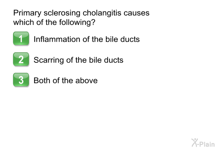 Primary sclerosing cholangitis causes which of the following?  Inflammation of the bile ducts Scarring of the bile ducts Both of the above
