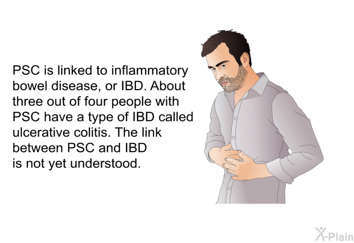 PSC is linked to inflammatory bowel disease, or IBD. About three out of four people with PSC have a type of IBD called ulcerative colitis. The link between PSC and IBD is not yet understood.