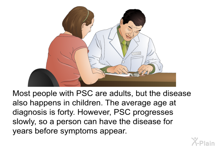 Most people with PSC are adults, but the disease also happens in children. The average age at diagnosis is forty. However, PSC progresses slowly, so a person can have the disease for years before symptoms appear.