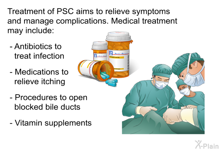 Treatment of PSC aims to relieve symptoms and manage complications. Medical treatment may include:  Antibiotics to treat infection Medications to relieve itching Procedures to open blocked bile ducts Vitamin supplements