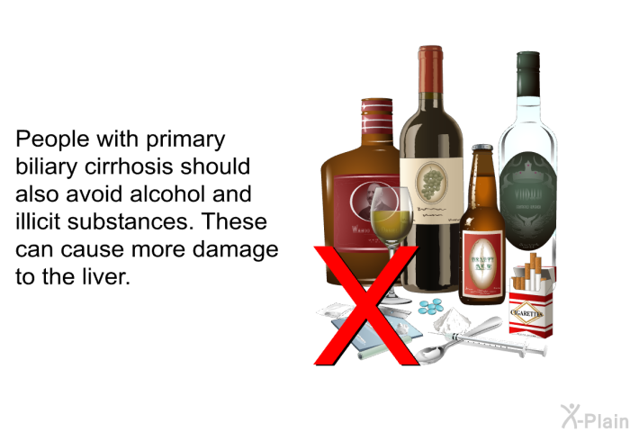 People with primary biliary cirrhosis should also avoid alcohol and illicit substances. These can cause more damage to the liver.