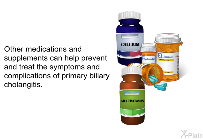 Other medications and supplements can help prevent and treat the symptoms and complications of primary biliary cholangitis.