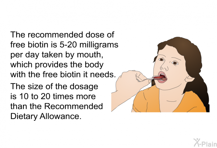 The recommended dose of free biotin is 5-20 milligrams per day taken by mouth, which provides the body with the free biotin it needs. This size of dosage is 10 to 20 times more than the Recommended Dietary Allowance.