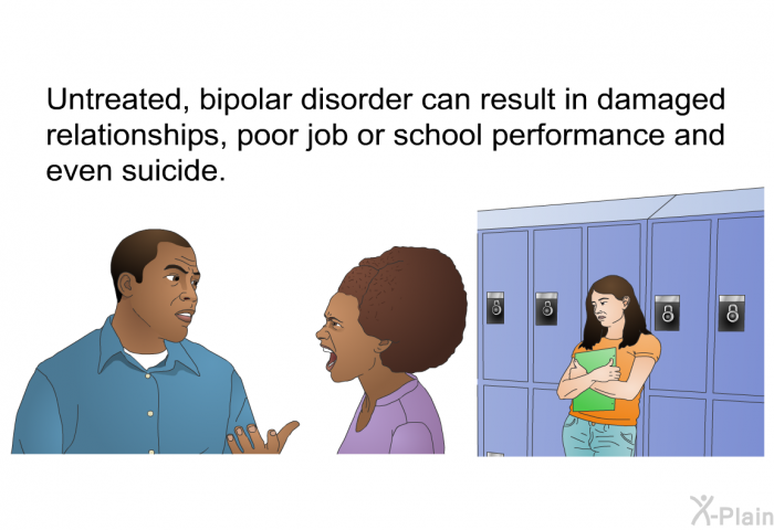Untreated, bipolar disorder can result in damaged relationships, poor job or school performance and even suicide.