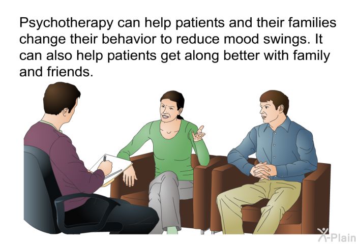 Psychotherapy can help patients and their families change their behavior to reduce mood swings. It can also help patients get along better with family and friends.