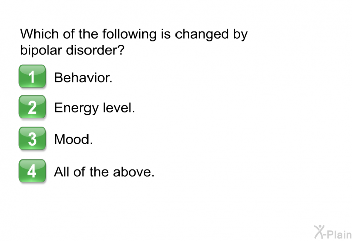 Which of the following is changed by bipolar disorder?  Behavior. Energy level. Mood. All of the above.