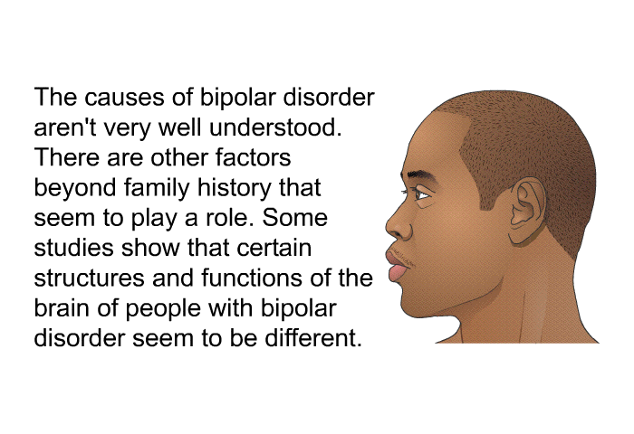 The causes of bipolar disorder aren't very well understood. There are other factors beyond family history that seem to play a role. Some studies show that certain structures and functions of the brain of people with bipolar disorder seem to be different.