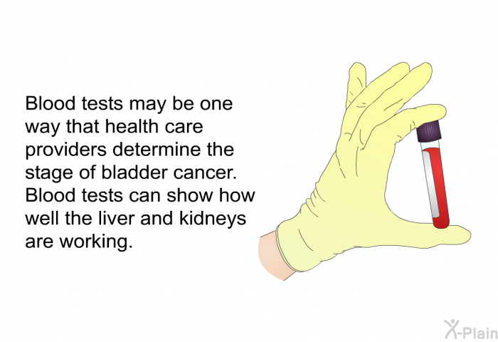 Blood tests may be one way that health care providers determine the stage of bladder cancer. Blood tests can show how well the liver and kidneys are working.