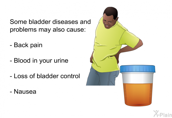 Some bladder diseases and problems may also cause:  Back pain Blood in your urine Loss of bladder control Nausea