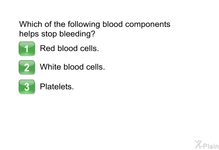 Which of the following blood components helps stop bleeding?  Red blood cells. White blood cells. Platelets.