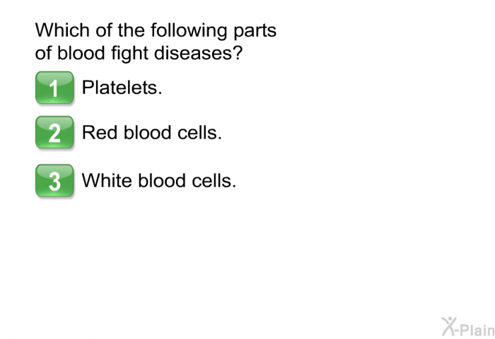 Which of the following parts of blood fight diseases?  Platelets. Red blood cells. White blood cells.