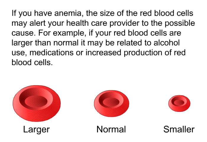 If you have anemia, the size of the red blood cells may alert your health care provider to the possible cause. For example, if your red blood cells are larger than normal it may be related to alcohol use, medications or increased production of red blood cells.