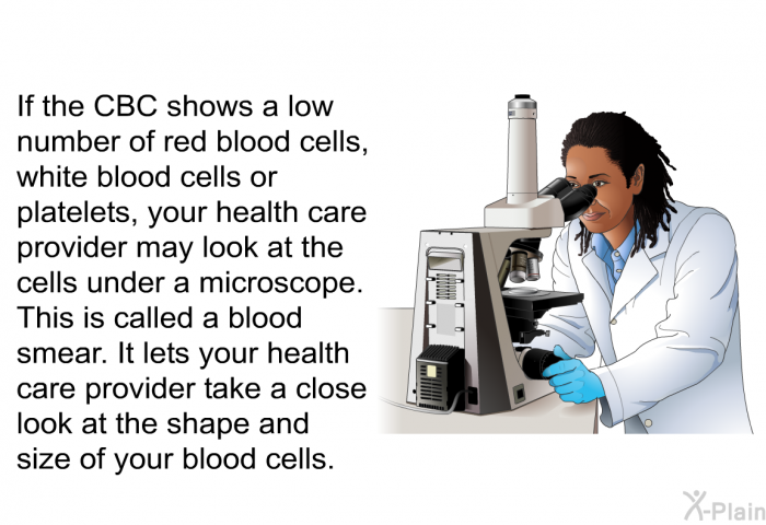 If the CBC shows a low number of red blood cells, white blood cells or platelets, your health care provider may look at the cells under a microscope. This is called a blood smear. It lets your health care provider take a close look at the shape and size of your blood cells.
