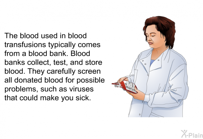 The blood used in blood transfusions typically comes from a blood bank. Blood banks collect, test, and store blood. They carefully screen all donated blood for possible problems, such as viruses that could make you sick.