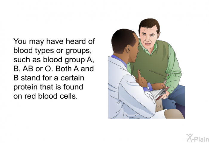 You may have heard of blood types or groups, such as blood group A, B, AB or O. Both A and B stand for a certain protein that is found on red blood cells.