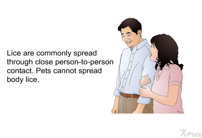 Lice are commonly spread through close person-to-person contact. Pets cannot spread body lice.