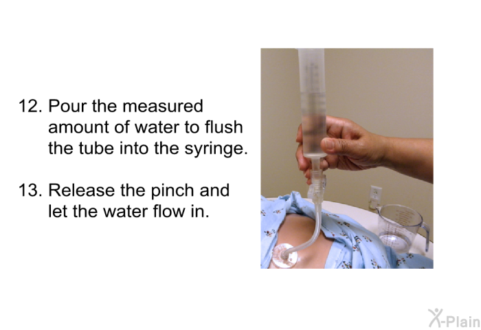<OL START=12> Pour the measured amount of water to flush the tube into the syringe. Release the pinch and let the water flow in.