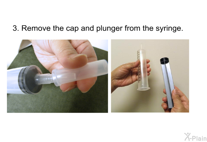 Remove the cap and plunger from the syringe.