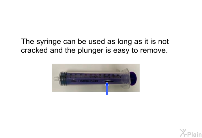The syringe can be used as long as it is not cracked and the plunger is easy to remove.
