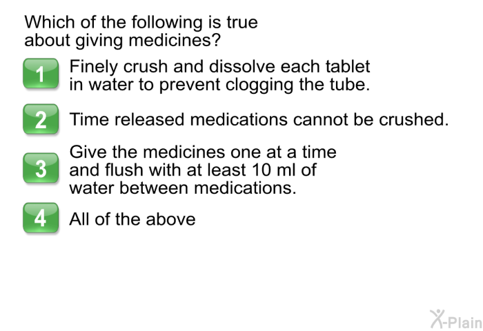 Which of the following is true about giving medicines?  Finely crush and dissolve each tablet in water to prevent clogging the tube. Time released medications cannot be crushed. Give the medicines one at a time and flush with at least 10 ml of water between medications. All of the above.