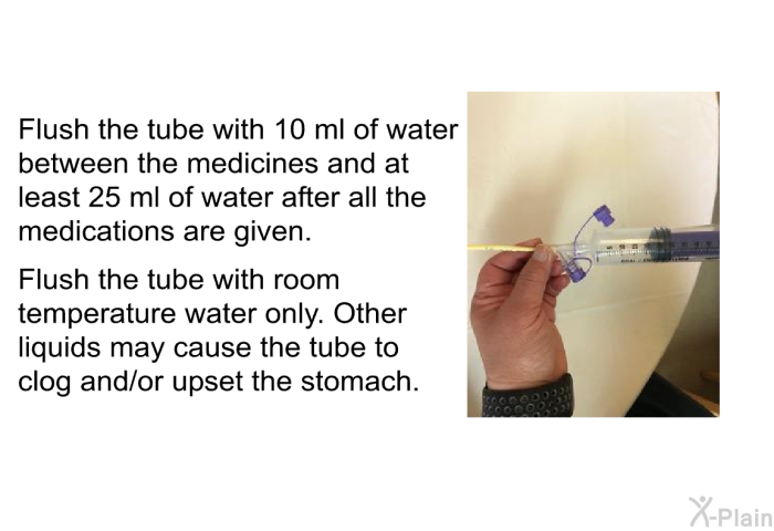 Flush the tube with 10 ml of water between the medicines and at least 25 ml of water after all the medications are given. Flush the tube with room temperature water only. Other liquids may cause the tube to clog and/or upset the stomach.