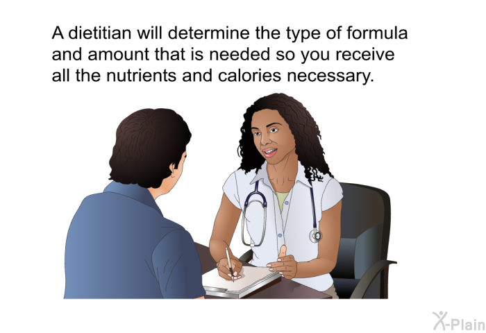 A dietitian will determine the type of formula and amount that is needed so you receive all the nutrients and calories necessary.