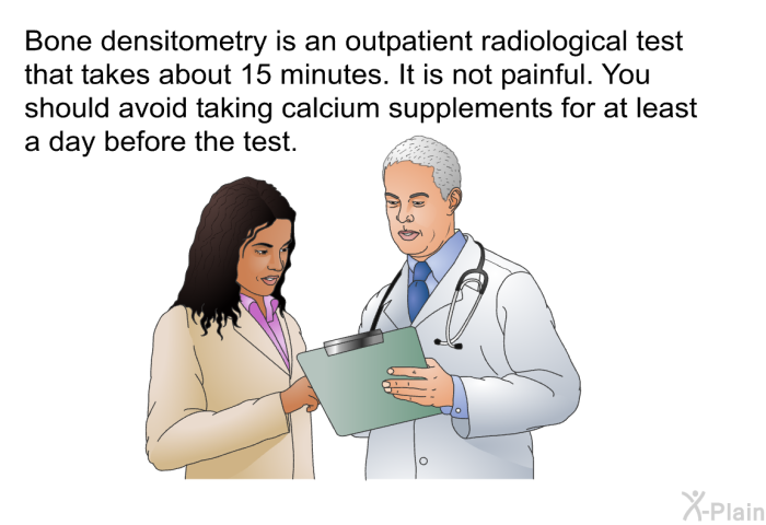 Bone densitometry is an outpatient radiological test that takes about 15 minutes. It is not painful. You should avoid taking calcium supplements for at least a day before the test.