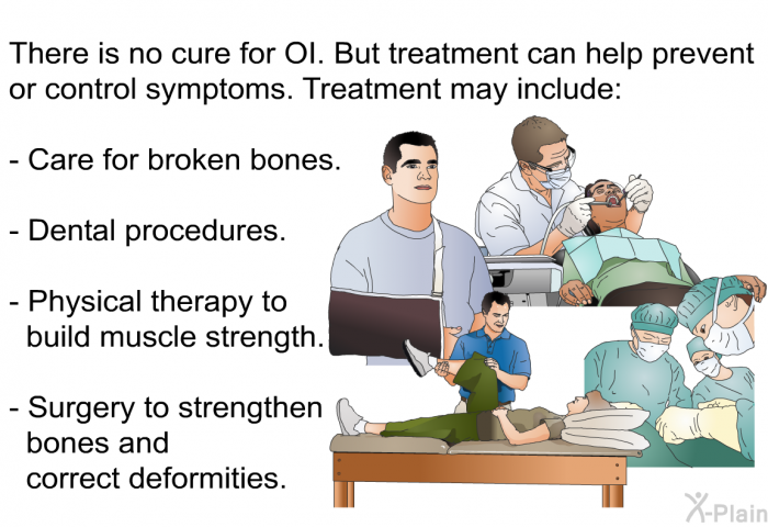 There is no cure for OI. But treatment can help prevent or control symptoms. Treatment may include:  Care for broken bones. Dental procedures. Physical therapy to build muscle strength. Surgery to strengthen bones and correct deformities.