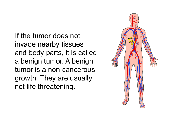 If the tumor does not invade nearby tissues and body parts, it is called a benign tumor. A benign tumor is a non-cancerous growth. They are usually not life threatening.
