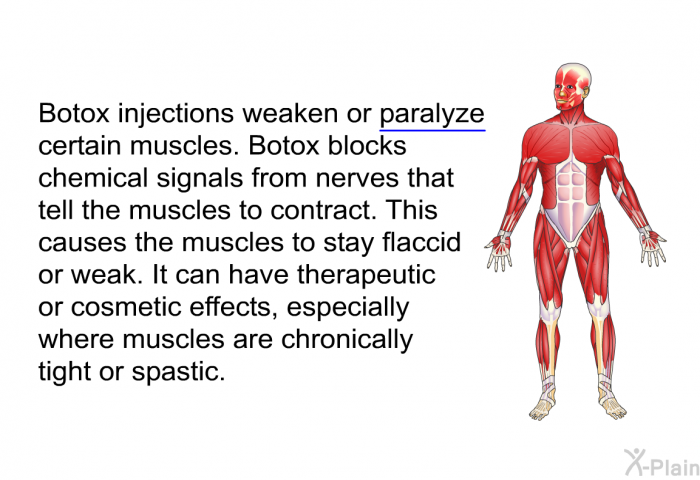 Botox injections weaken or paralyze certain muscles. Botox blocks chemical signals from nerves that tell the muscles to contract. This causes the muscles to stay flaccid or weak. It can have therapeutic or cosmetic effects, especially where muscles are chronically tight or spastic.