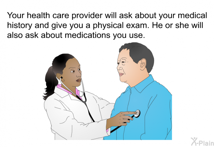 Your health care provider will ask about your medical history and give you a physical exam. He or she will also ask about medications you use.