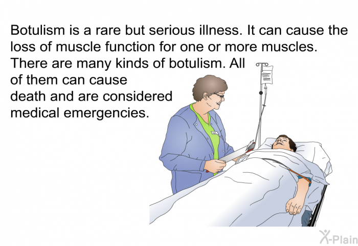 Botulism is a rare but serious illness. It can cause the loss of muscle function for one or more muscles. There are many kinds of botulism. All of them can cause death and are considered medical emergencies.